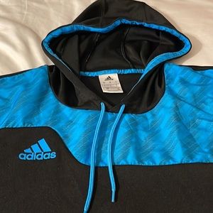 Women’s Adidas “Climalite” hoodie with kangaroo pocket, size L. Black with cyan